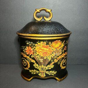 Decorative Black & Gold Multicolor Porcelain Floral Still Life Jar w/ Lid 8.25"